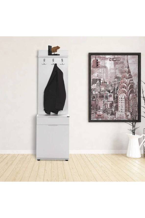 Porto Tek Kapaklı Çekmeceli Portmanto ve Ayakkabılık-Mat Beyaz 52x187x36 cm (GxYxD) - 7