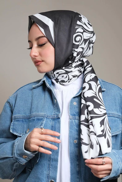 Afvente Barok Desen Siyah - Beyaz Pamuk Şal - 2
