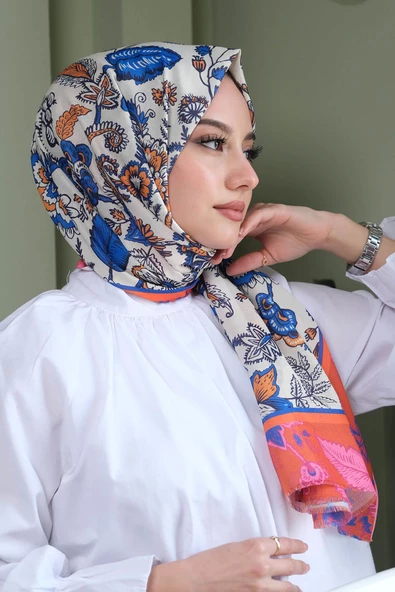 Afvente Çiçek Desen Turuncu Pamuk Şal - Resim 3