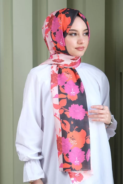 Afvente Çiçek Desen Pembe Pamuk Şal - Resim 3