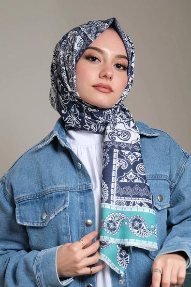 Afvente Paisley Desen Lacivert Pamuk Şal - 4