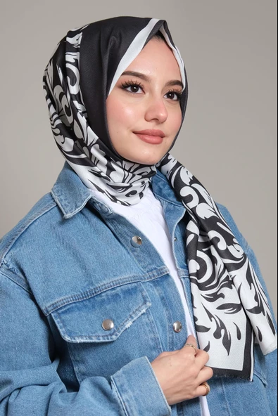 Afvente Barok Desen Siyah - Beyaz Pamuk Şal - 3