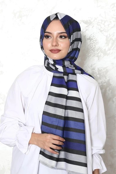 Afvente Çizgili Desen Mor Pamuk Şal - Resim 2