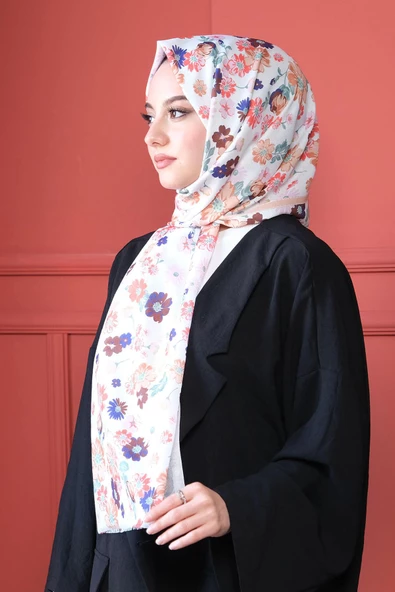 Afvente Çiçek Desen Beyaz Pamuk Şal - Resim 2