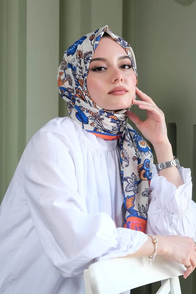 Afvente Çiçek Desen Turuncu Pamuk Şal - Resim 2