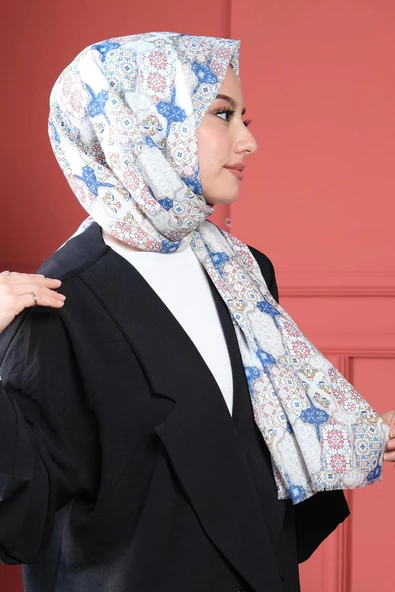 Afvente Geometrik Desen Mavi Pamuk Şal - Resim 2