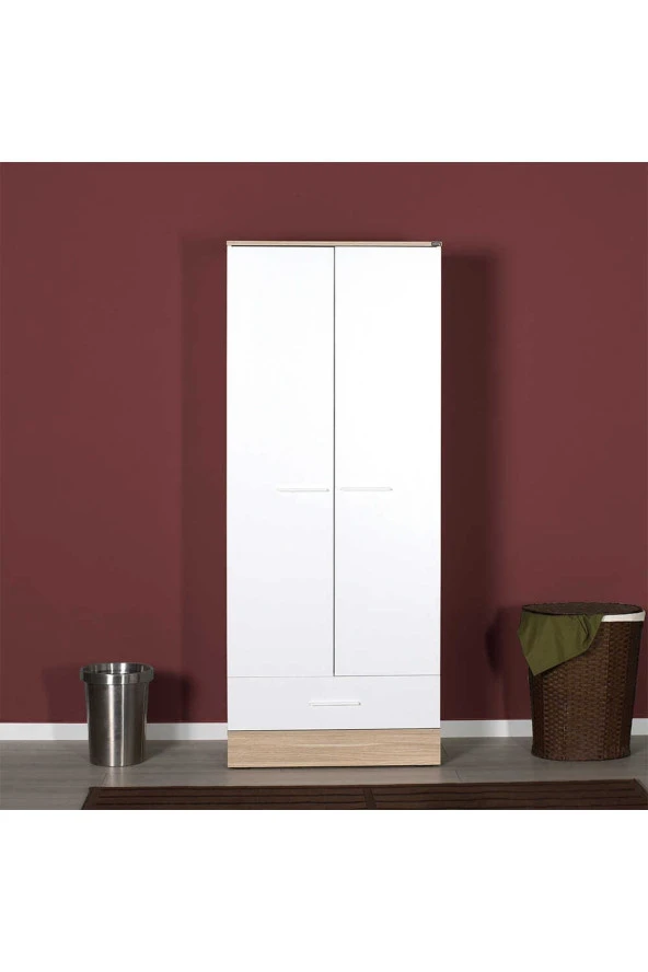 Base 2 Kapaklı Tek Çekmeceli Gardırop-İtalyan Meşe-Mat Beyaz 80x198x52 cm (GxYxD) - 5