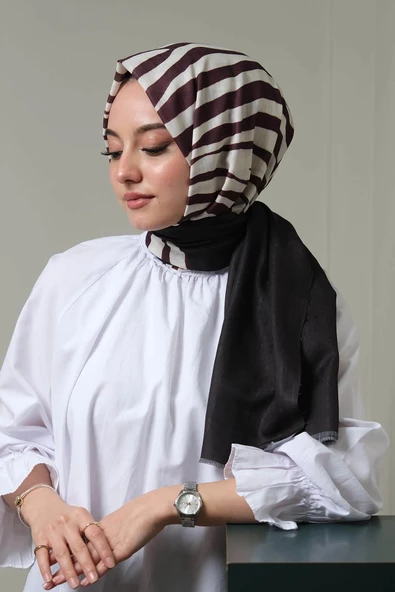 Afvente Çizgili Desen Siyah - Beyaz Pamuk Şal - Resim 3