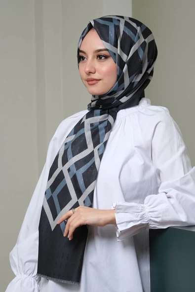 Afvente Geometrik Desen Koyu Mavi Pamuk Şal - Resim 3