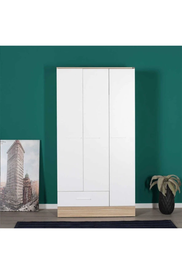 Base 3 Kapaklı Tek Çekmeceli Gardırop İtalyan Meşe-Mat Beyaz 103x198x52 cm (GxYxD) - 4