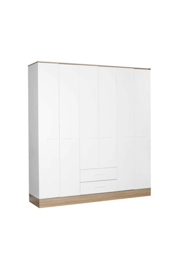Base 6 Kapaklı 2 Çekmeceli Gardırop-İtalyan Meşe-Mat Beyaz 206x224x52 cm (GxYxD) - 2