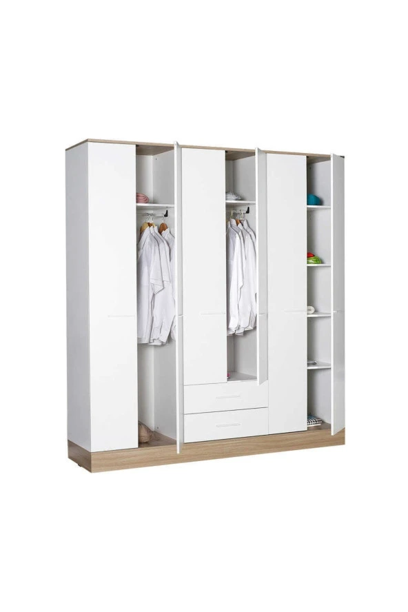 Base 6 Kapaklı 2 Çekmeceli Gardırop-İtalyan Meşe-Mat Beyaz 206x224x52 cm (GxYxD) - 3