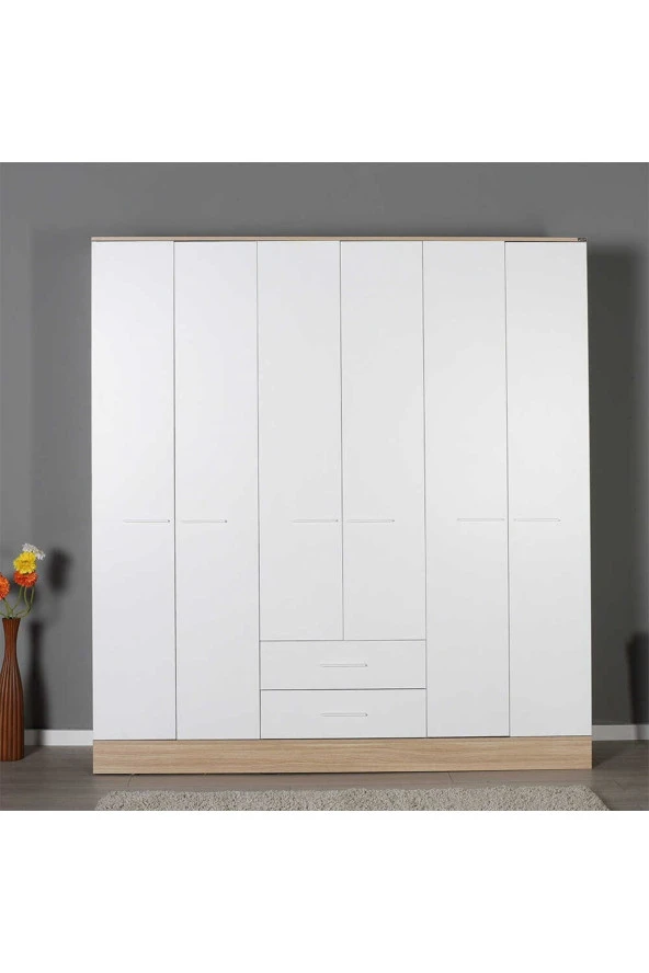 Base 6 Kapaklı 2 Çekmeceli Gardırop-İtalyan Meşe-Mat Beyaz 206x224x52 cm (GxYxD) - 5