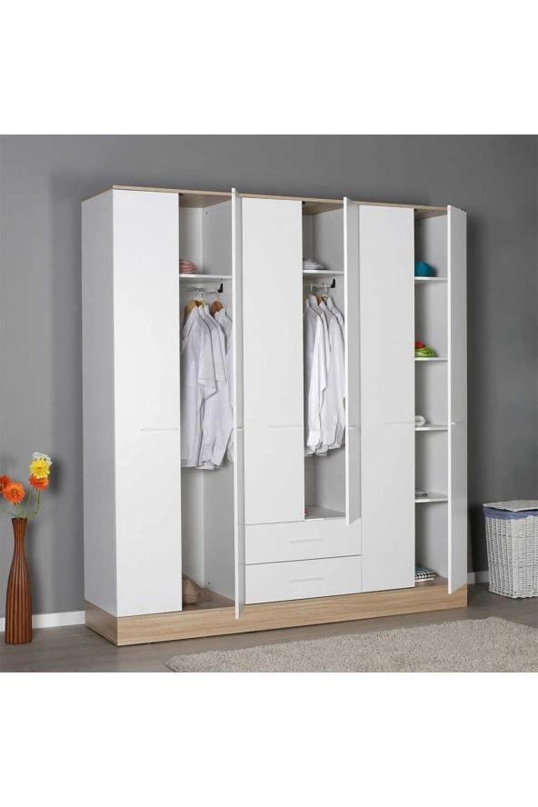 Base 6 Kapaklı 2 Çekmeceli Gardırop-İtalyan Meşe-Mat Beyaz 206x224x52 cm (GxYxD) - 6
