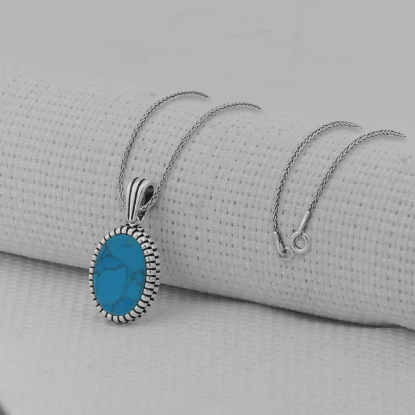Turkuaz Taşlı Oval 925 Ayar Erkek Gümüş Kolye - Resim 2