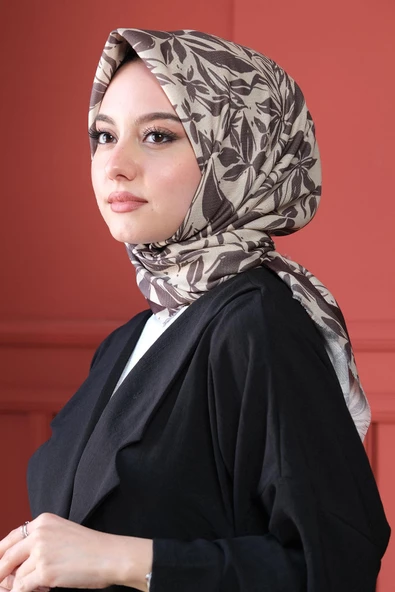 Afvente Floral Desen Bej Pamuk Eşarp - Resim 2