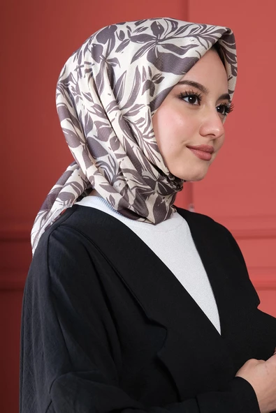 Afvente Floral Desen Bej Pamuk Eşarp - Resim 3