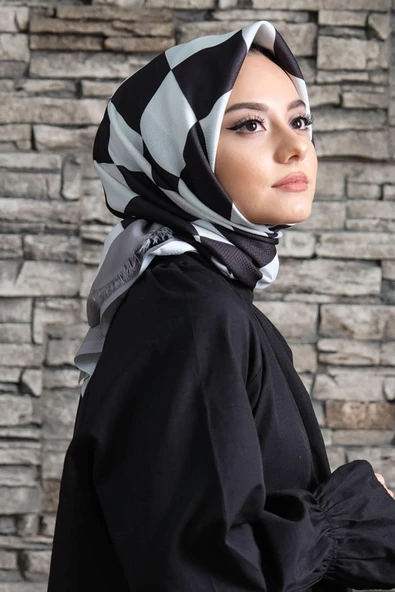 Afvente Kareli Desen Siyah - Beyaz Pamuk Eşarp - Resim 2