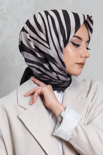 Afvente Zebra Desen Siyah Pamuk Eşarp - Resim 2