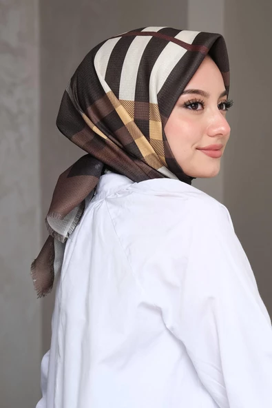 Afvente Ekose Desen Kahverengi Pamuk Eşarp - Resim 2