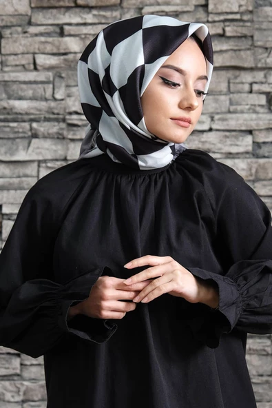Afvente Kareli Desen Siyah - Beyaz Pamuk Eşarp - Resim 3
