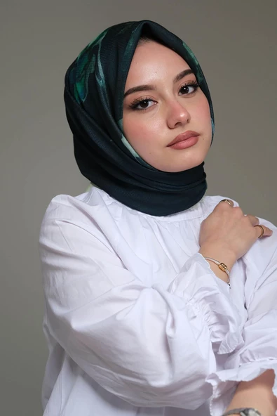 Afvente Yaprak Desen Yeşil Pamuk Eşarp - Resim 3