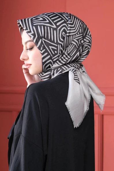 Afvente Geometrik Desen Siyah Pamuk Eşarp - Resim 2