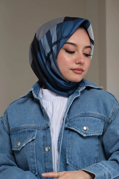 Afvente Kare-Çizgili Desen Mavi Pamuk Eşarp - 2