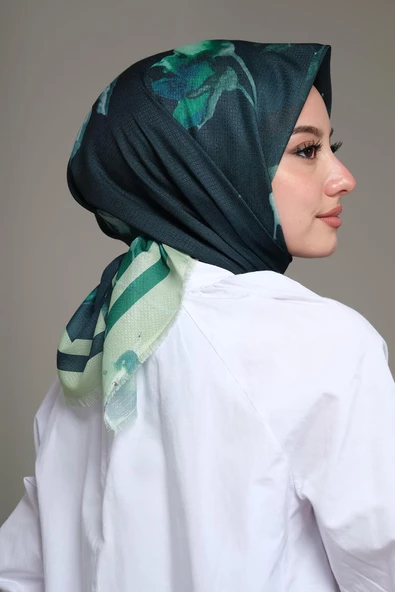 Afvente Yaprak Desen Yeşil Pamuk Eşarp - Resim 2