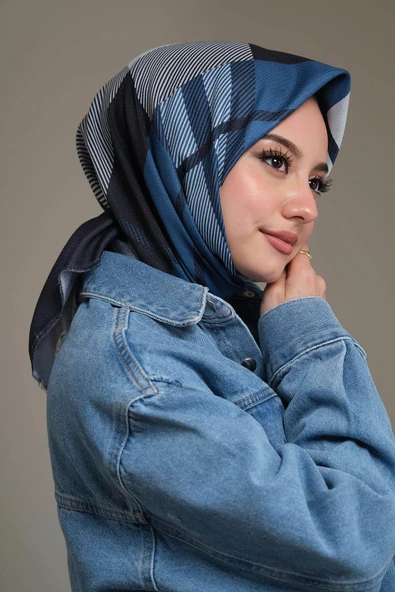 Afvente Kare-Çizgili Desen Mavi Pamuk Eşarp - 3