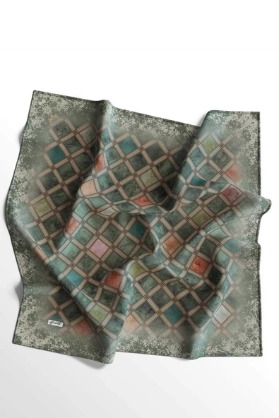 Afvente Geometrik Desen Yeşil Pamuk Eşarp - 5