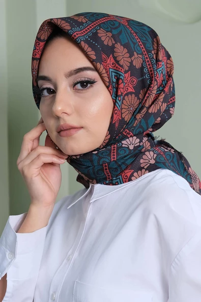 Afvente Çiçek Desen Turkuaz Pamuk Eşarp - Resim 2