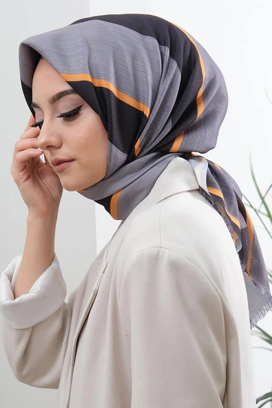 Afvente Çizgili Desen Gri Pamuk Eşarp - Resim 2