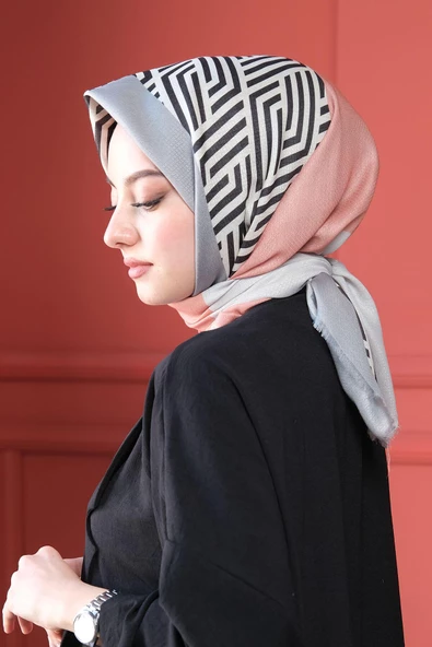 Afvente Geometrik Desen Gri - Somon Pamuk Eşarp - Resim 3