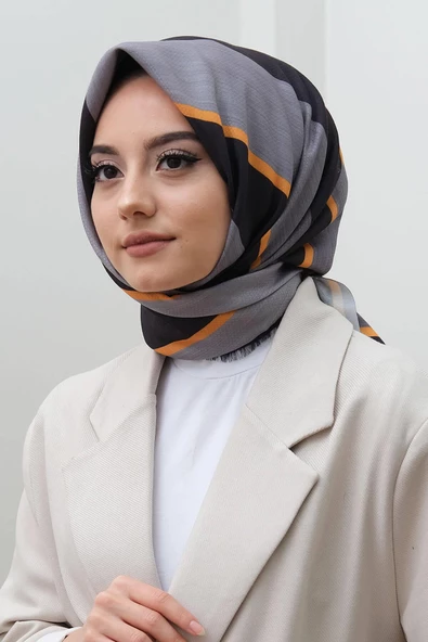Afvente Çizgili Desen Gri Pamuk Eşarp - Resim 4