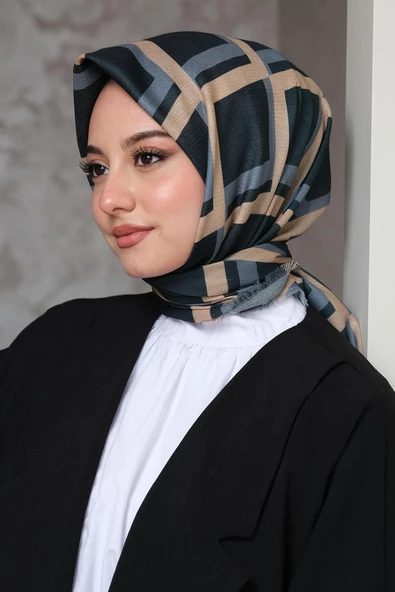 Afvente Geometrik Desen Mavi Pamuk Eşarp - Resim 2