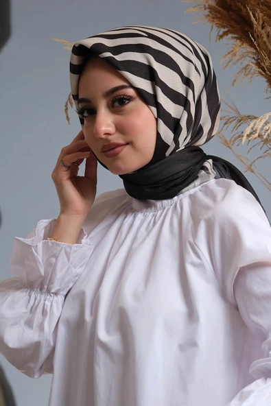 Afvente Geometrik Desen Siyah - Beyaz Pamuk Eşarp - Resim 2