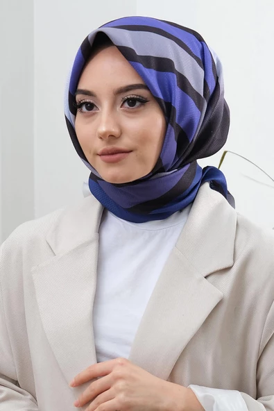 Afvente Çizgili Desen Mavi Pamuk Eşarp - Resim 4