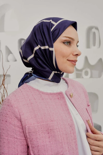 Afvente Geometrik Desen Koyu Mavi Soft Pamuk Eşarp - 2