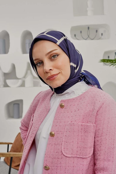 Afvente Geometrik Desen Koyu Mavi Soft Pamuk Eşarp - 3