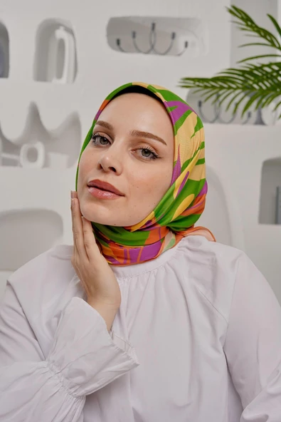 Afvente Yaprak Desen Yeşil Soft Pamuk Eşarp - Resim 4