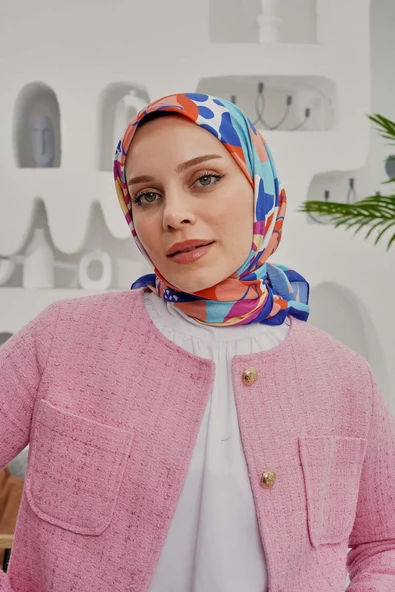 Afvente Yaprak Desen Mavi Soft Pamuk Eşarp - 3
