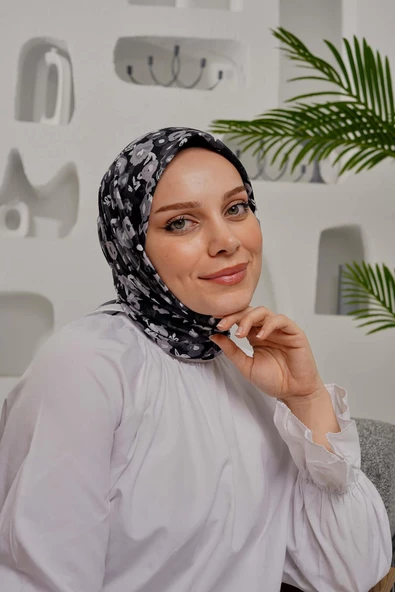 Afvente Çiçek Desen Gri Soft Pamuk Eşarp - 2