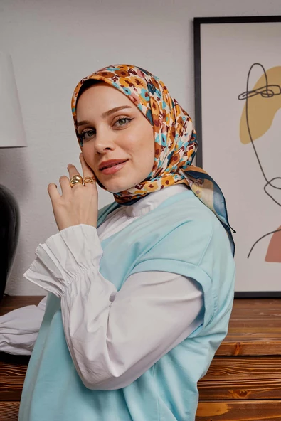 Afvente Çiçek Desen Sarı Soft Pamuk Eşarp - 4