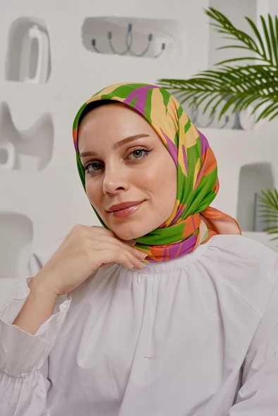 Afvente Yaprak Desen Yeşil Soft Pamuk Eşarp - Resim 3