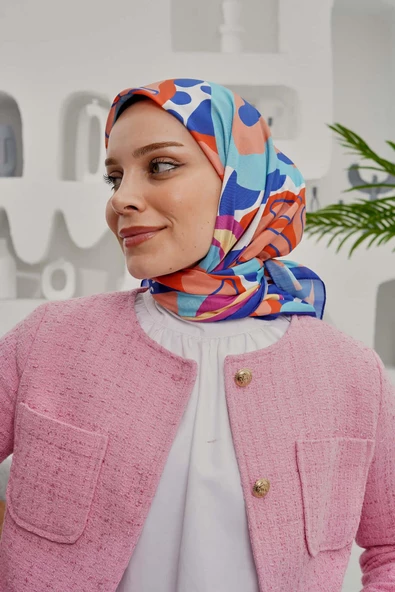 Afvente Yaprak Desen Mavi Soft Pamuk Eşarp - 4