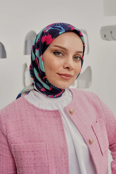Afvente Yaprak Desen Mavi Soft Pamuk Eşarp