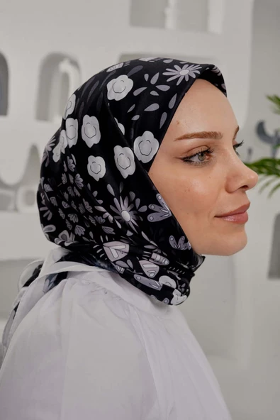 Afvente Çiçek Desen Siyah Soft Pamuk Eşarp - 3