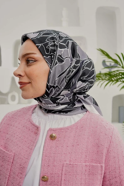 Afvente Yaprak Desen Gri Soft Pamuk Eşarp - 3