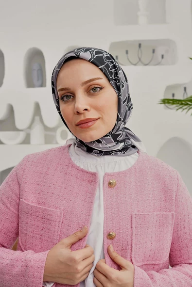 Afvente Yaprak Desen Gri Soft Pamuk Eşarp - 2